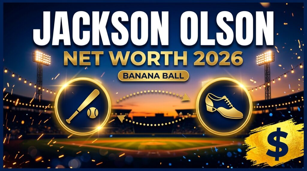Jackson Olson net worth and salary 2026 graphic with baseball bat and dance shoe icons