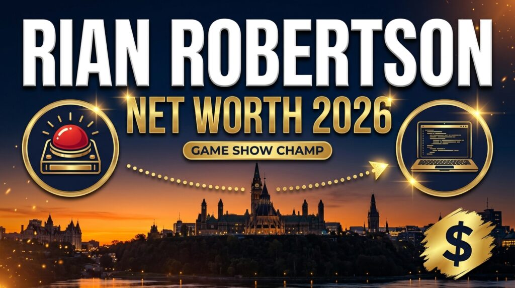 Rian Robertson net worth 2026 graphic with game show buzzer and laptop icons