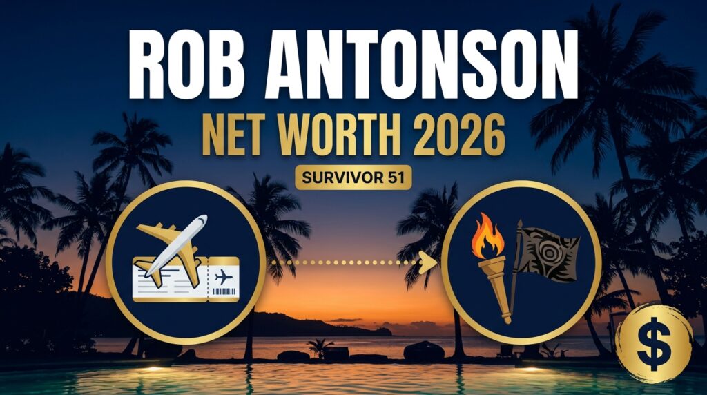 Rob Antonson net worth 2026 graphic with airplane and Survivor torch icons